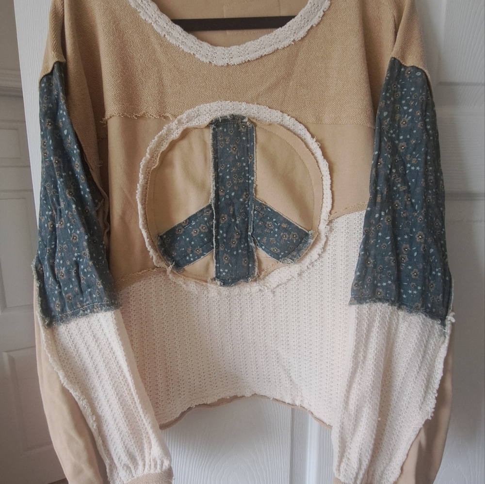 POL Tan and Blue Patchwork Sweater
